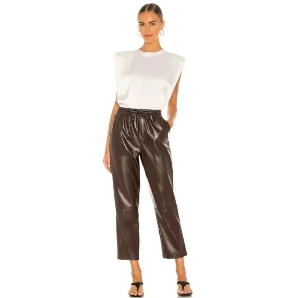 NWT L'Academie The Naya Faux Vegan Leather Chocolate Brown Elastic Pants XS